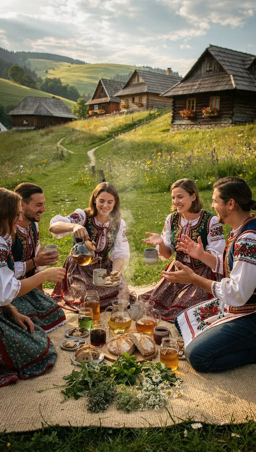 Scéna slnečného rána s rodinou vychutnávajúcou si čaj na terase v prírode