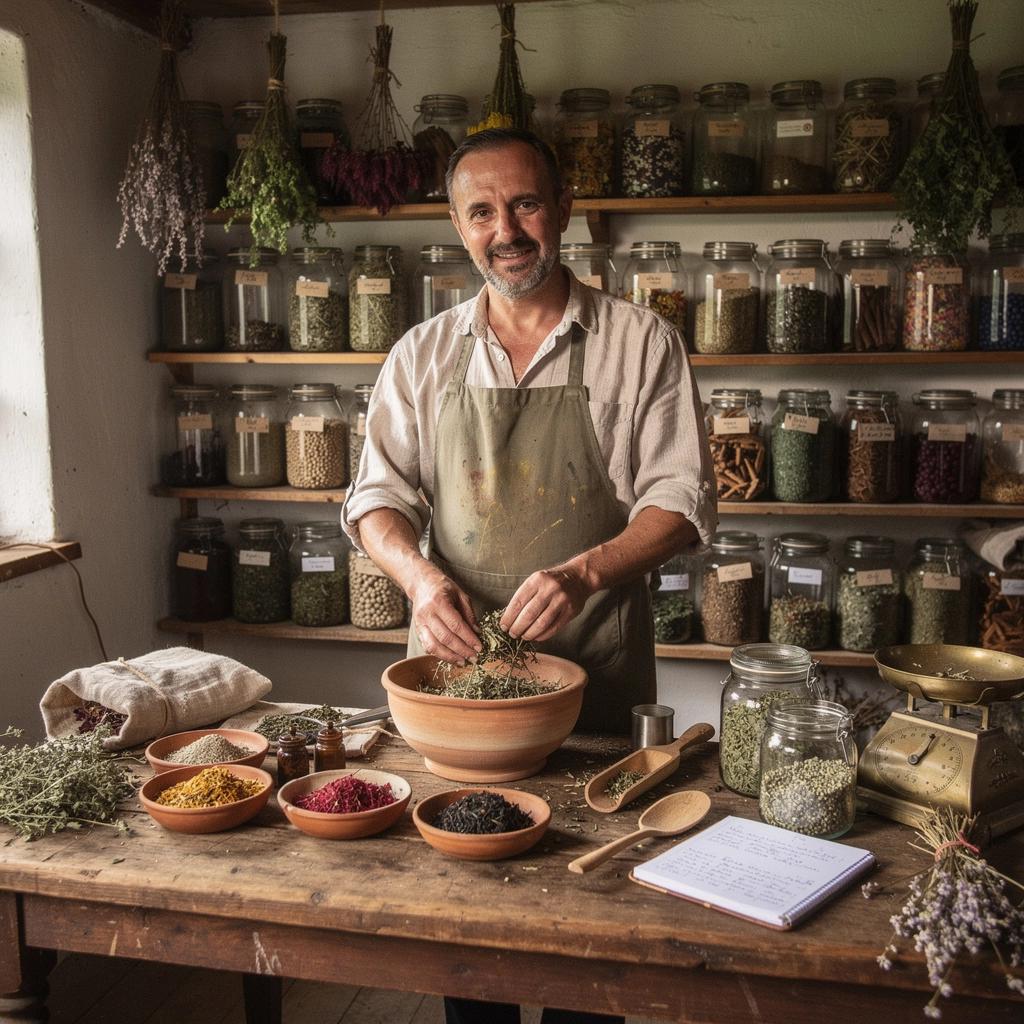 Zelený čaj s bylinkami vo sklenenej nádobe na drevenom stole