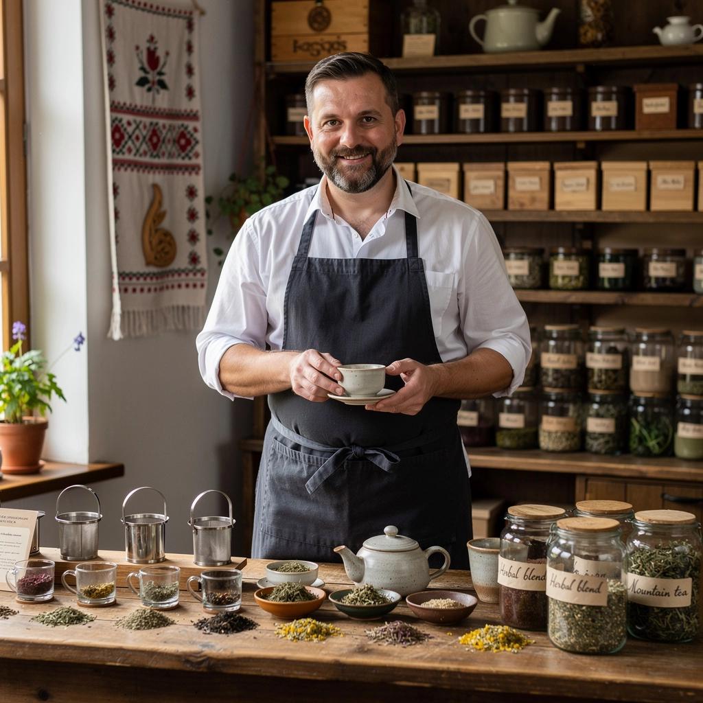 Portréty remeselníka, ktorý pripravuje čaj v historickej čajovni
